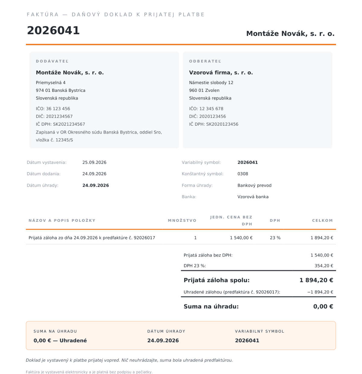 Vzor daňového dokladu k prijatej platbe: faktúra 2026041 s položkou Prijatá záloha zo dňa 24.09.2026 k predfaktúre č. 92026017, základ 1 540,00 €, DPH 23 % 354,20 €, spolu 1 894,20 €, uhradené zálohou, suma na úhradu 0,00 €