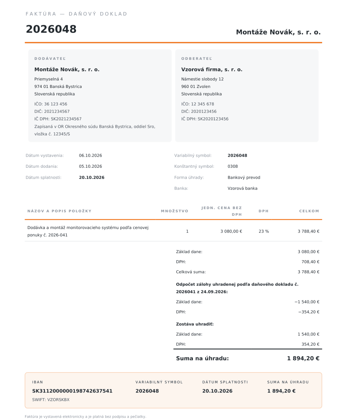 Vzor vyúčtovacej faktúry 2026048: položka Dodávka a montáž 3 080,00 € bez DPH, DPH 23 % 708,40 €, celková suma 3 788,40 €, odpočet zálohy uhradenej podľa daňového dokladu č. 2026041 z 24.09.2026 mínus 1 540,00 € a mínus 354,20 € DPH, zostáva uhradiť 1 540,00 € plus 354,20 € DPH, suma na úhradu 1 894,20 €